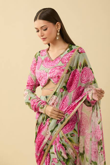 Buy Sanam Green Chiffon Zari Floral Bloom Print Ruffle Pre-draped Saree Online at Aza Fashions Buy_Sanam_Green Chiffon Zari Floral Bloom Print Ruffle Pre-draped Saree_Online_at_Aza_Fashions