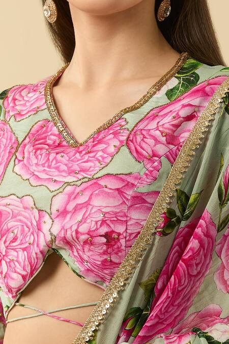 Shop Sanam Green Chiffon Zari Floral Bloom Print Ruffle Pre-draped Saree Online at Aza Fashions Shop_Sanam_Green Chiffon Zari Floral Bloom Print Ruffle Pre-draped Saree_Online_at_Aza_Fashions