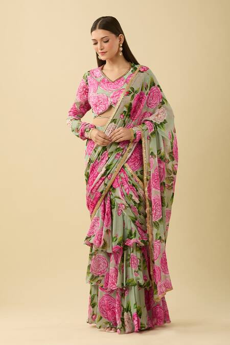 Sanam Green Chiffon Zari Floral Bloom Print Ruffle Pre-draped Saree at Aza Fashions Sanam_Green Chiffon Zari Floral Bloom Print Ruffle Pre-draped Saree_at_Aza_Fashions