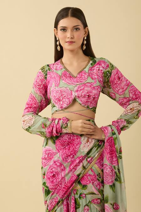 Buy Sanam Green Chiffon Zari Floral Bloom Print Ruffle Pre-draped Saree Buy_Sanam_Green Chiffon Zari Floral Bloom Print Ruffle Pre-draped Saree