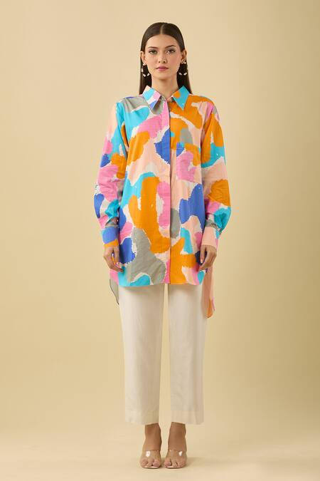 Buy Sorbae Multi Color Cotton Collared Abstract Print Asymmetric Shirt Online at Aza Fashions Buy_Sorbae_Multi Color Cotton Collared Abstract Print Asymmetric Shirt_Online_at_Aza_Fashions