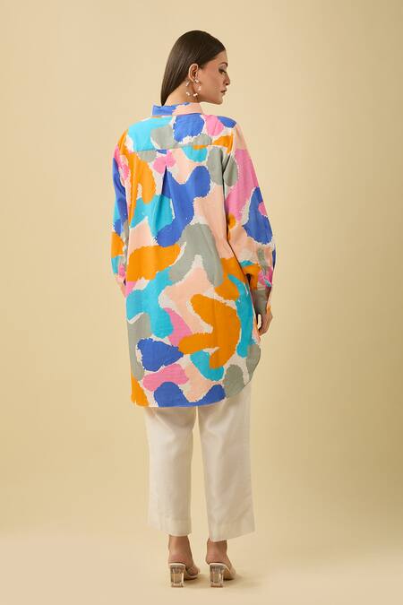 Shop Sorbae Multi Color Cotton Collared Abstract Print Asymmetric Shirt at Aza Fashions Shop_Sorbae_Multi Color Cotton Collared Abstract Print Asymmetric Shirt_at_Aza_Fashions