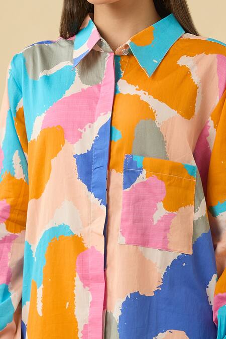 Shop Sorbae Multi Color Cotton Collared Abstract Print Asymmetric Shirt Online at Aza Fashions Shop_Sorbae_Multi Color Cotton Collared Abstract Print Asymmetric Shirt_Online_at_Aza_Fashions