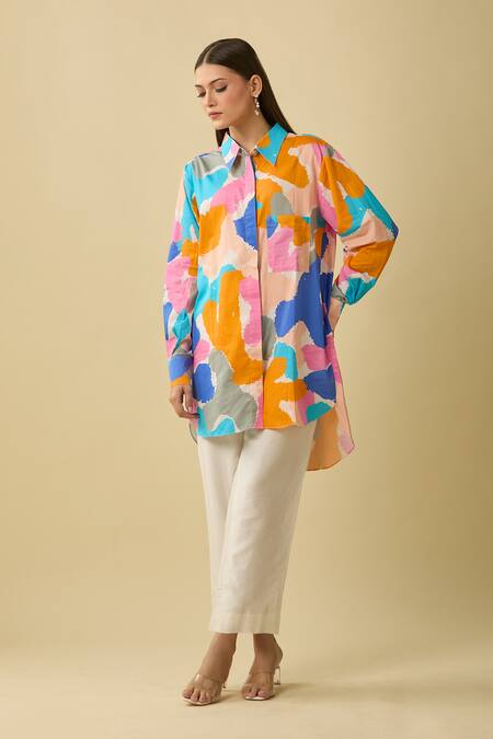 Sorbae Multi Color Cotton Collared Abstract Print Asymmetric Shirt at Aza Fashions Sorbae_Multi Color Cotton Collared Abstract Print Asymmetric Shirt_at_Aza_Fashions