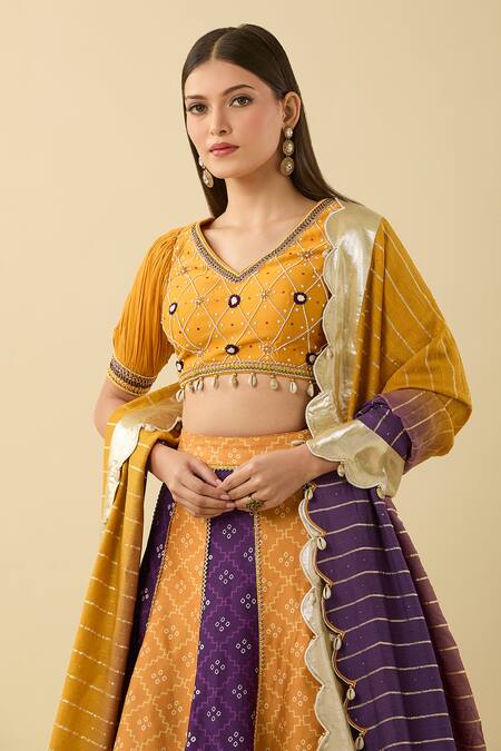 Buy_Studio Bagechaa_Yellow Cotton Beads, Sequins V-neck Colorblock Panelled Lehenga Set_Online_at_Aza_Fashions