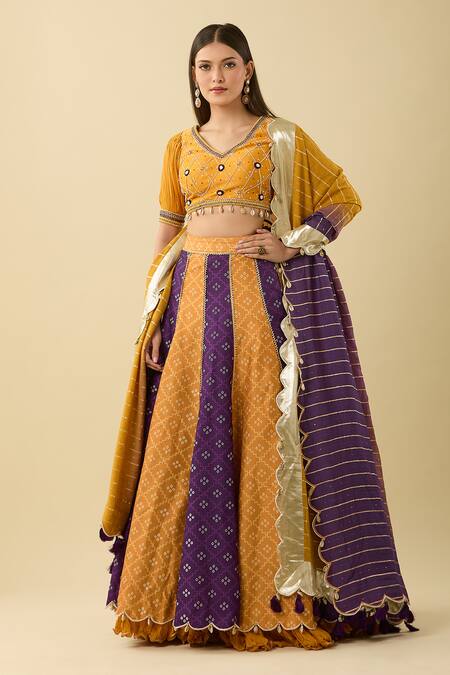 Shop_Studio Bagechaa_Yellow Cotton Beads, Sequins V-neck Colorblock Panelled Lehenga Set_Online_at_Aza_Fashions