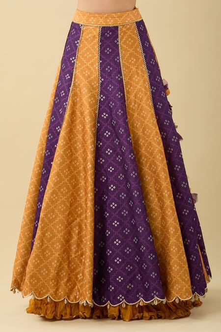 Studio Bagechaa_Yellow Cotton Beads, Sequins V-neck Colorblock Panelled Lehenga Set_at_Aza_Fashions
