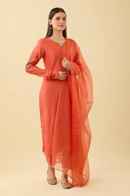 Buy Tashee Coral Cotton Embroidery Paisley Kurta Set Online at Aza Fashions Buy_Tashee_Coral Cotton Embroidery Paisley Kurta Set _Online_at_Aza_Fashions