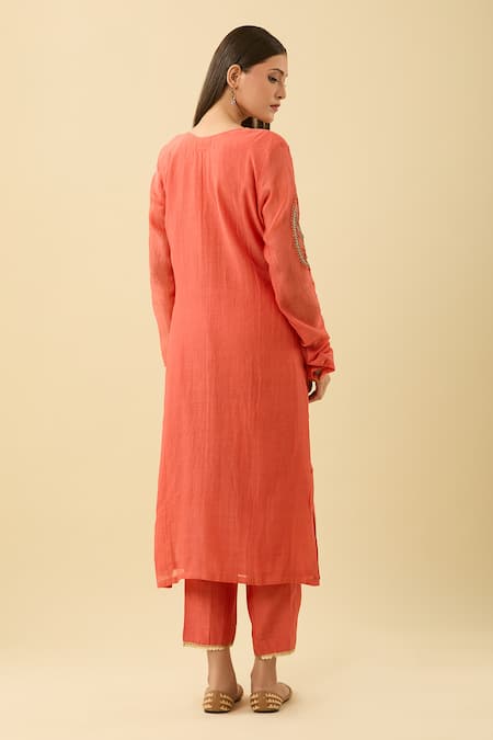 Shop Tashee Coral Cotton Embroidery Paisley Kurta Set at Aza Fashions Shop_Tashee_Coral Cotton Embroidery Paisley Kurta Set _at_Aza_Fashions