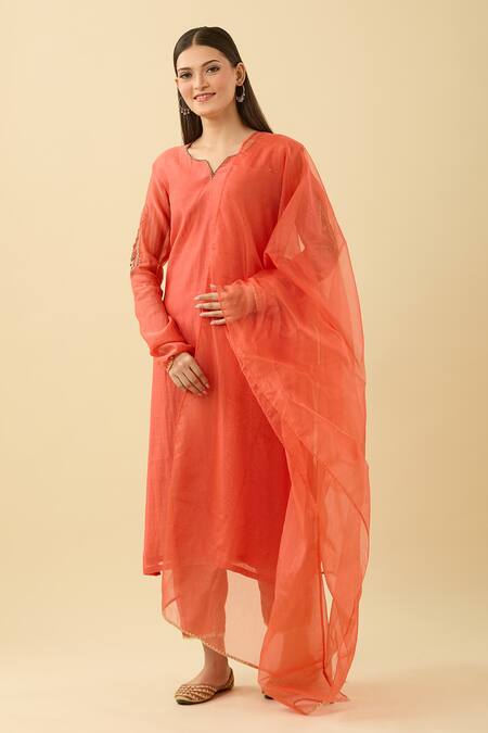 Shop Tashee Coral Cotton Embroidery Paisley Kurta Set Online at Aza Fashions Shop_Tashee_Coral Cotton Embroidery Paisley Kurta Set _Online_at_Aza_Fashions