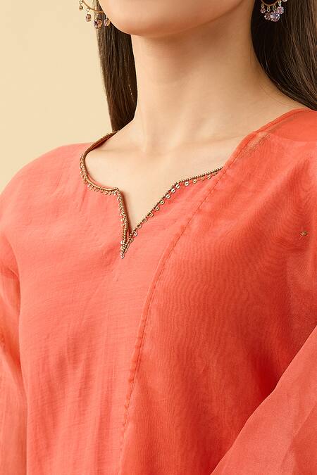 Tashee Coral Cotton Embroidery Paisley Kurta Set at Aza Fashions Tashee_Coral Cotton Embroidery Paisley Kurta Set _at_Aza_Fashions