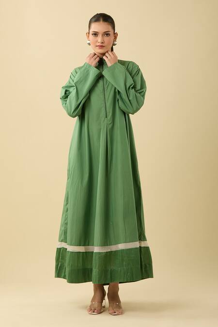 Three_Green High Neck A-line Maxi Dress With Sheer Panel_Online_at_Aza_Fashions