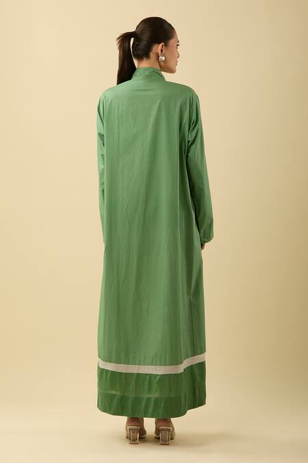 Shop_Three_Green High Neck A-line Maxi Dress With Sheer Panel_at_Aza_Fashions
