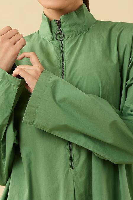 Buy_Three_Green High Neck A-line Maxi Dress With Sheer Panel_Online_at_Aza_Fashions