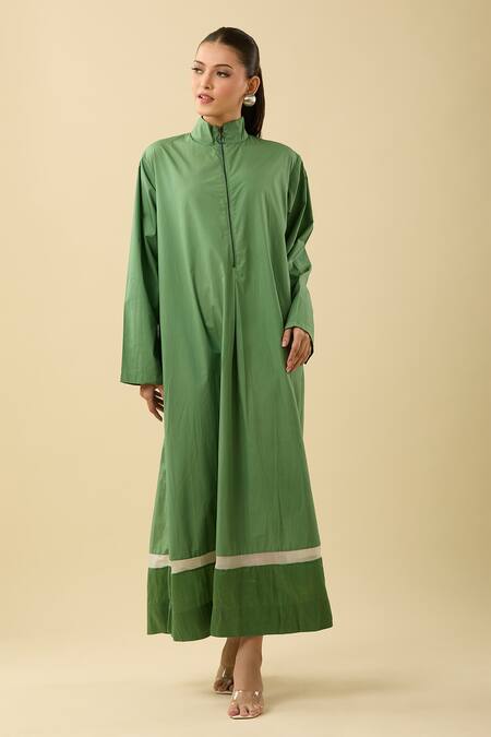 Shop_Three_Green High Neck A-line Maxi Dress With Sheer Panel_Online_at_Aza_Fashions