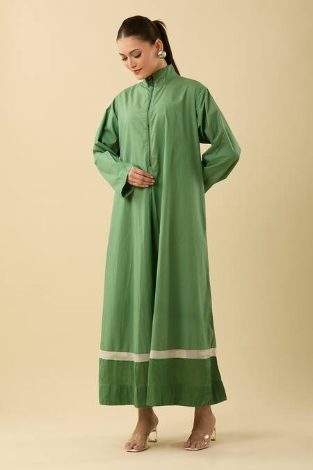 Three_Green High Neck A-line Maxi Dress With Sheer Panel_at_Aza_Fashions