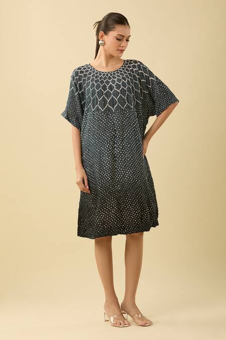 Twenty Nine Blue Silk Round Neck Ombre Bandhani Dress Online at Aza Fashions Twenty Nine_Blue Silk Round Neck Ombre Bandhani Dress_Online_at_Aza_Fashions