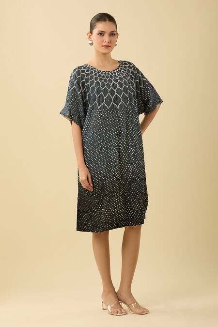 Buy Twenty Nine Blue Silk Round Neck Ombre Bandhani Dress Online at Aza Fashions Buy_Twenty Nine_Blue Silk Round Neck Ombre Bandhani Dress_Online_at_Aza_Fashions