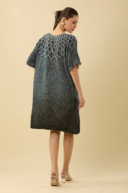 Shop Twenty Nine Blue Silk Round Neck Ombre Bandhani Dress at Aza Fashions Shop_Twenty Nine_Blue Silk Round Neck Ombre Bandhani Dress_at_Aza_Fashions