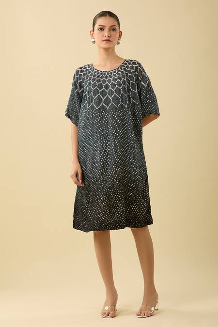 Shop Twenty Nine Blue Silk Round Neck Ombre Bandhani Dress Online at Aza Fashions Shop_Twenty Nine_Blue Silk Round Neck Ombre Bandhani Dress_Online_at_Aza_Fashions