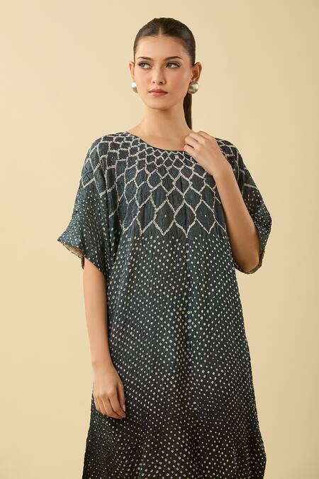 Twenty Nine Blue Silk Round Neck Ombre Bandhani Dress at Aza Fashions Twenty Nine_Blue Silk Round Neck Ombre Bandhani Dress_at_Aza_Fashions