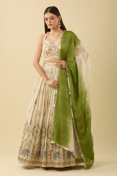 Aariyana Couture_Cream Cut Work, Sequins, Embroidery Sweetheart Neck Elephant Motif Lehenga Set _Online_at_Aza_Fashions