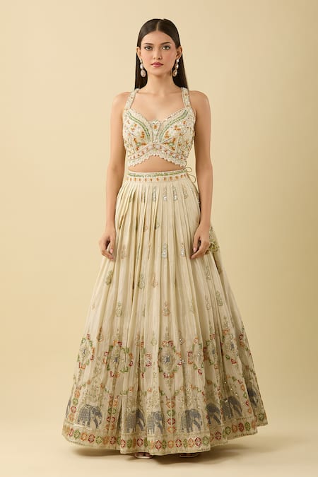 Buy_Aariyana Couture_Cream Cut Work, Sequins, Embroidery Sweetheart Neck Elephant Motif Lehenga Set _Online_at_Aza_Fashions