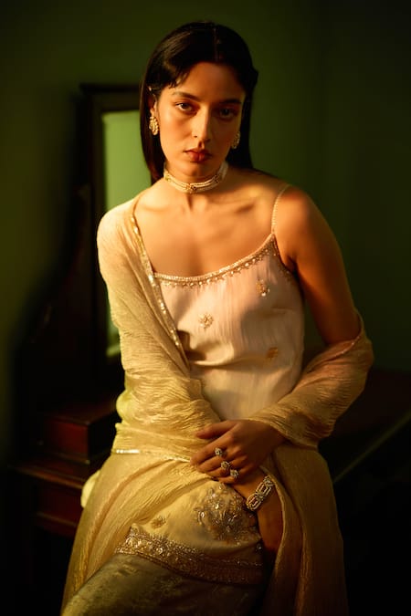 Zoon Ivory Brocade, Satin, Tissue Embroidery Scoop Aari Floral Kurta Sharara Set Online at Aza Fashions Zoon_Ivory Brocade, Satin, Tissue Embroidery Scoop Aari Floral Kurta Sharara Set _Online_at_Aza_Fashions