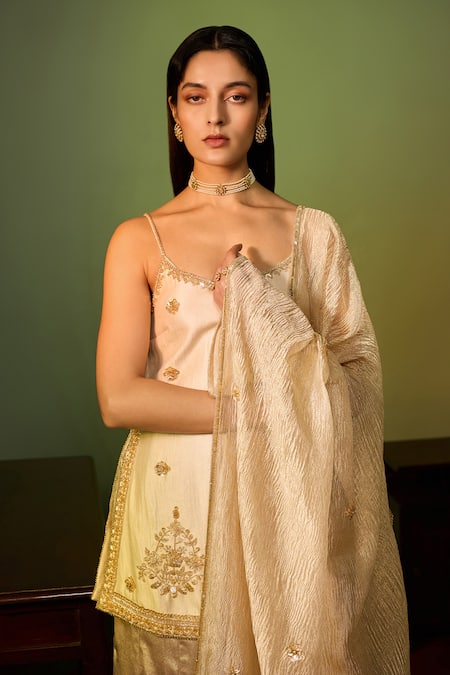 Shop Zoon Ivory Brocade, Satin, Tissue Embroidery Scoop Aari Floral Kurta Sharara Set Online at Aza Fashions Shop_Zoon_Ivory Brocade, Satin, Tissue Embroidery Scoop Aari Floral Kurta Sharara Set _Online_at_Aza_Fashions