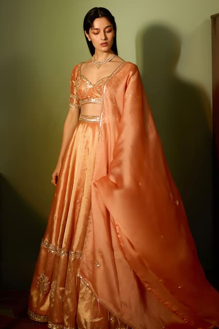 Zoon_Orange Tissue, Satin, Crepe, Organza Embroidery, Sequins Aari Crest Lehenga Set _Online_at_Aza_Fashions