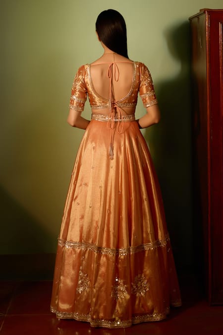 Shop_Zoon_Orange Tissue, Satin, Crepe, Organza Embroidery, Sequins Aari Crest Lehenga Set _at_Aza_Fashions