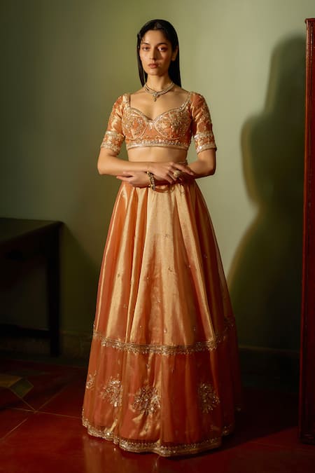 Buy_Zoon_Orange Tissue, Satin, Crepe, Organza Embroidery, Sequins Aari Crest Lehenga Set _Online_at_Aza_Fashions