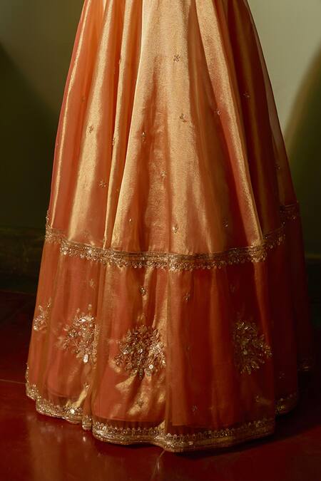 Shop_Zoon_Orange Tissue, Satin, Crepe, Organza Embroidery, Sequins Aari Crest Lehenga Set _Online_at_Aza_Fashions