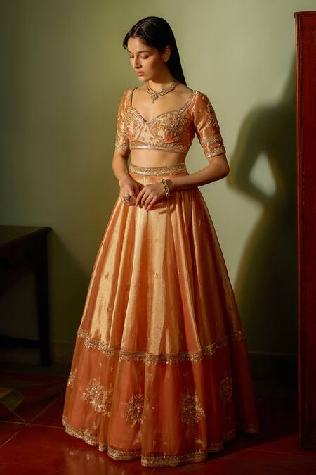 Zoon_Orange Tissue, Satin, Crepe, Organza Embroidery, Sequins Aari Crest Lehenga Set _at_Aza_Fashions