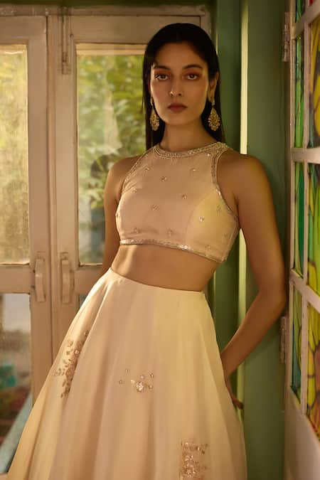 Zoon_Ivory Satin, Organza, Tissue Embroidery Halter Neck Aari Lehenga Set _Online_at_Aza_Fashions