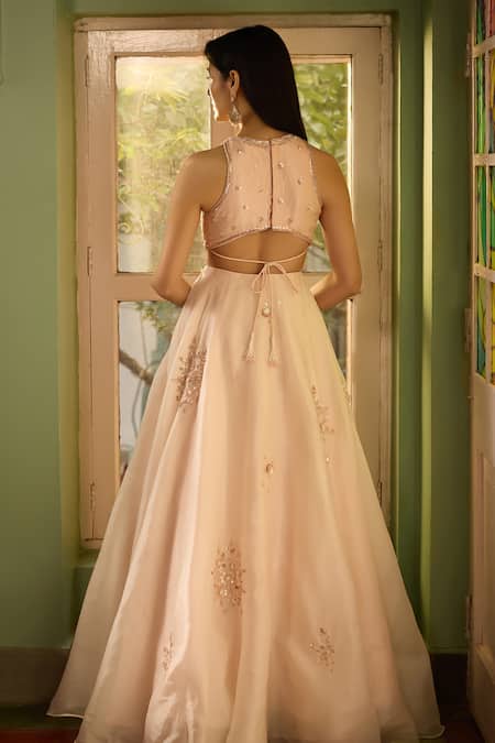 Shop_Zoon_Ivory Satin, Organza, Tissue Embroidery Halter Neck Aari Lehenga Set _at_Aza_Fashions