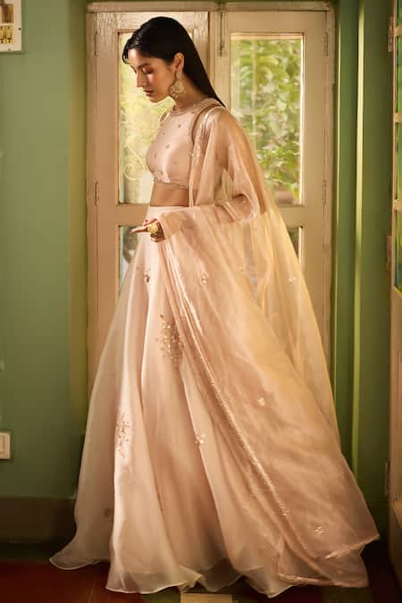 Buy_Zoon_Ivory Satin, Organza, Tissue Embroidery Halter Neck Aari Lehenga Set _Online_at_Aza_Fashions