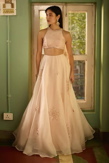 Shop_Zoon_Ivory Satin, Organza, Tissue Embroidery Halter Neck Aari Lehenga Set _Online_at_Aza_Fashions