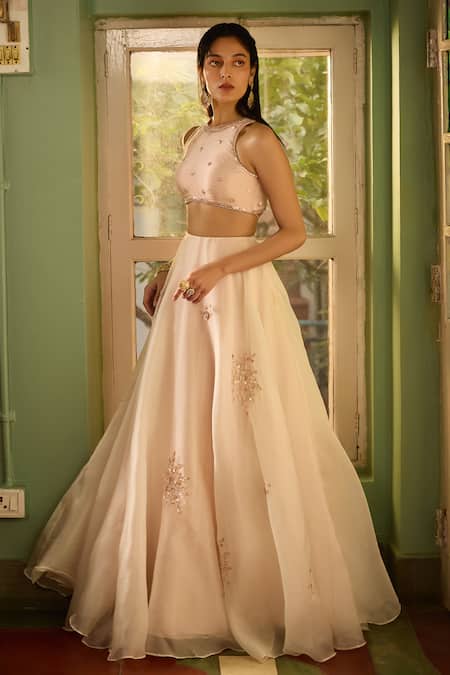 Zoon_Ivory Satin, Organza, Tissue Embroidery Halter Neck Aari Lehenga Set _at_Aza_Fashions