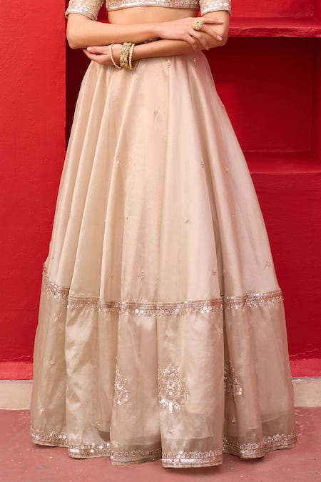 Zoon_Gold Satin, Organza, Crepe, Tissue Sequins, Embroidery Scoop Aari Lehenga Set _Online_at_Aza_Fashions