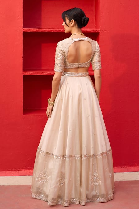 Shop_Zoon_Gold Satin, Organza, Crepe, Tissue Sequins, Embroidery Scoop Aari Lehenga Set _at_Aza_Fashions