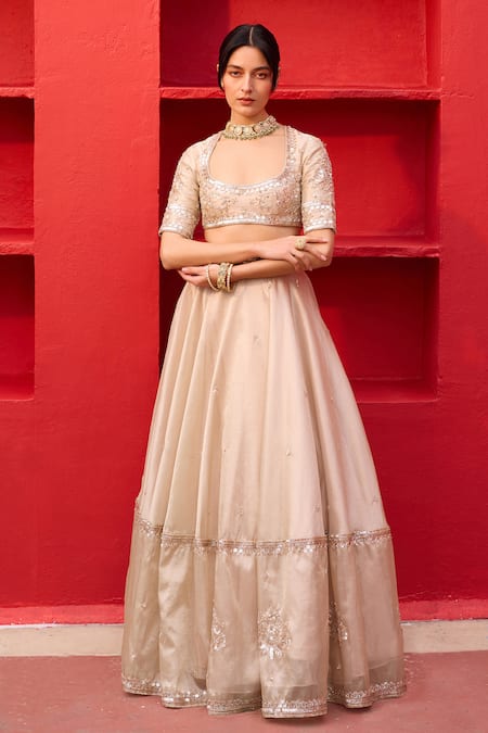 Buy_Zoon_Gold Satin, Organza, Crepe, Tissue Sequins, Embroidery Scoop Aari Lehenga Set _Online_at_Aza_Fashions