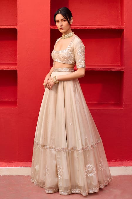 Shop_Zoon_Gold Satin, Organza, Crepe, Tissue Sequins, Embroidery Scoop Aari Lehenga Set _Online_at_Aza_Fashions