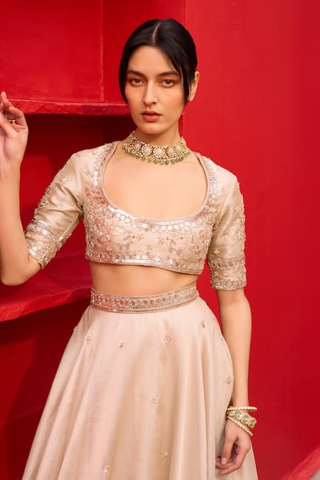 Zoon_Gold Satin, Organza, Crepe, Tissue Sequins, Embroidery Scoop Aari Lehenga Set _at_Aza_Fashions