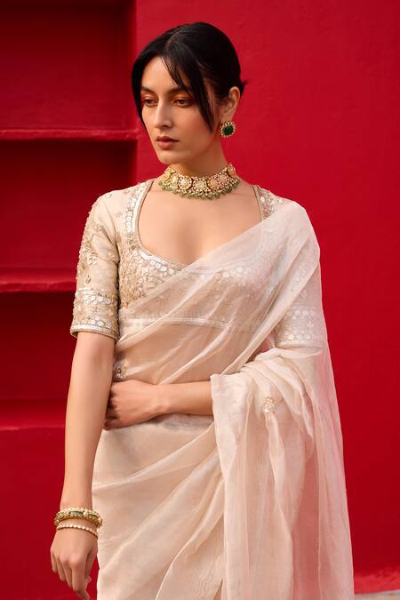 Zoon_Gold Tissue, Crepe Embroidery, Sequins Scoop Neck Aari Saree With Blouse _Online_at_Aza_Fashions