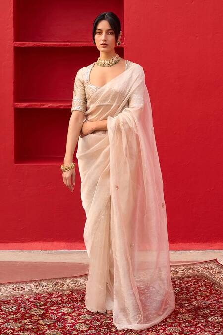 Shop_Zoon_Gold Tissue, Crepe Embroidery, Sequins Scoop Neck Aari Saree With Blouse _Online_at_Aza_Fashions