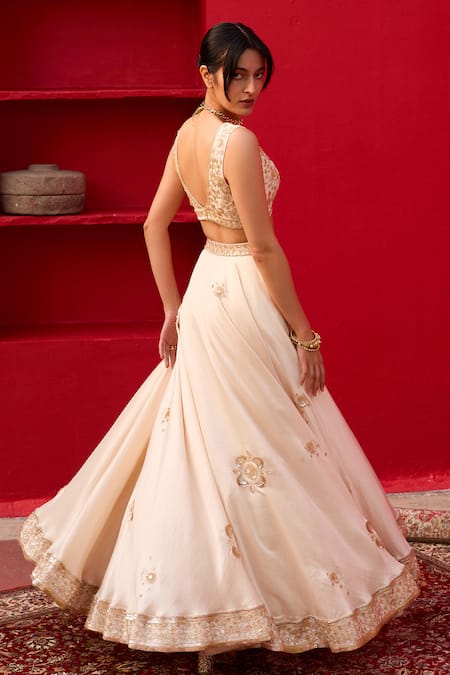 Shop_Zoon_Cream Brocade, Satin, Crepe, Organza Sequins, Embroidery Aari Lehenga Set _at_Aza_Fashions