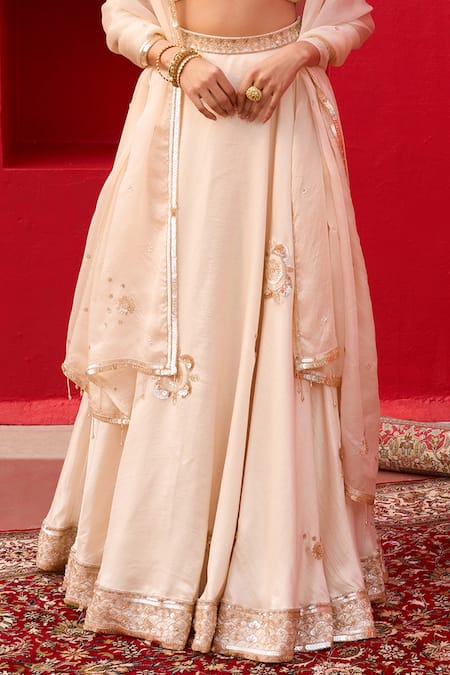 Zoon_Cream Brocade, Satin, Crepe, Organza Sequins, Embroidery Aari Lehenga Set _at_Aza_Fashions