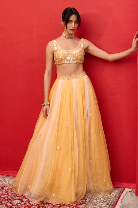 Shop Zoon Yellow Net, Organza, Crepe, Satin Sequins, Embroidery Aari Kalidar Lehenga Set at Aza Fashions Shop_Zoon_Yellow Net, Organza, Crepe, Satin Sequins, Embroidery Aari Kalidar Lehenga Set _at_Aza_Fashions