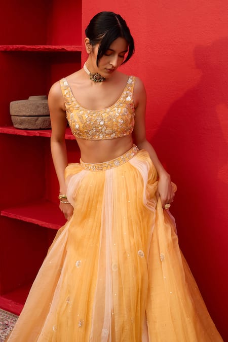Zoon Yellow Net, Organza, Crepe, Satin Sequins, Embroidery Aari Kalidar Lehenga Set at Aza Fashions Zoon_Yellow Net, Organza, Crepe, Satin Sequins, Embroidery Aari Kalidar Lehenga Set _at_Aza_Fashions